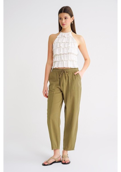 4436 Kadın Keten Çımalı Şalvar Pantolon Haki fiyatları