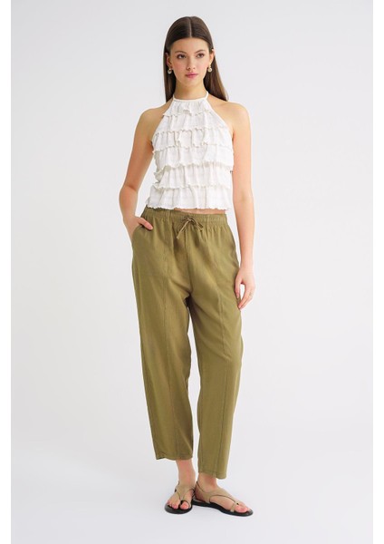 4436 Kadın Keten Çımalı Şalvar Pantolon Haki modelleri