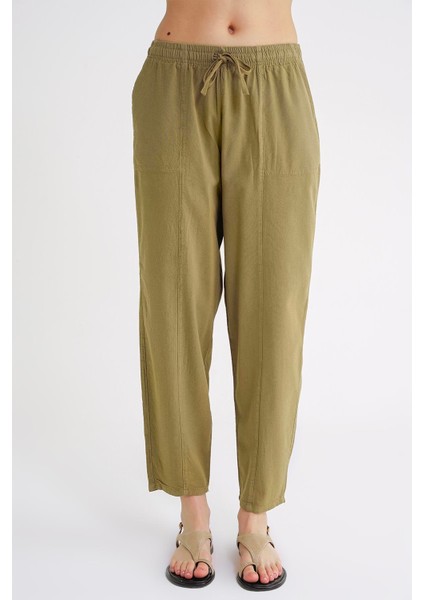 4436 Kadın Keten Çımalı Şalvar Pantolon Haki fırsatları