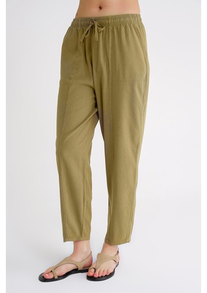 4436 Kadın Keten Çımalı Şalvar Pantolon Haki indirimleri