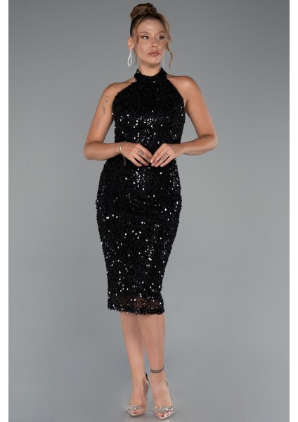 Halter Yaka Midi Taşlı Abiye Elbise ABK2437