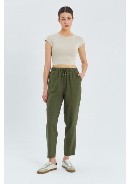 4566 Kadın Lastikli Bel Keten Pantolon Haki