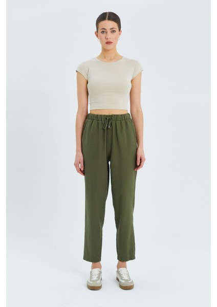 4566 Kadın Lastikli Bel Keten Pantolon Haki fiyatları