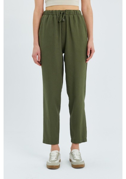 4566 Kadın Lastikli Bel Keten Pantolon Haki fırsatları