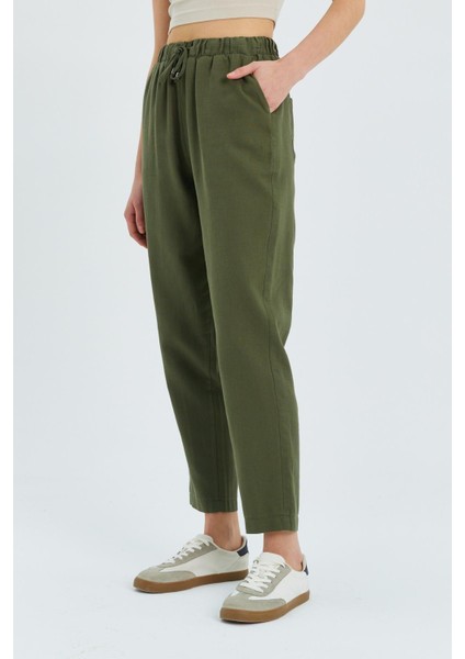 4566 Kadın Lastikli Bel Keten Pantolon Haki indirimleri