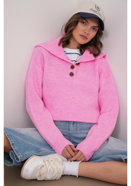 6900 Kadın Düğmeli Devrik Yaka Triko Kazak Pembe