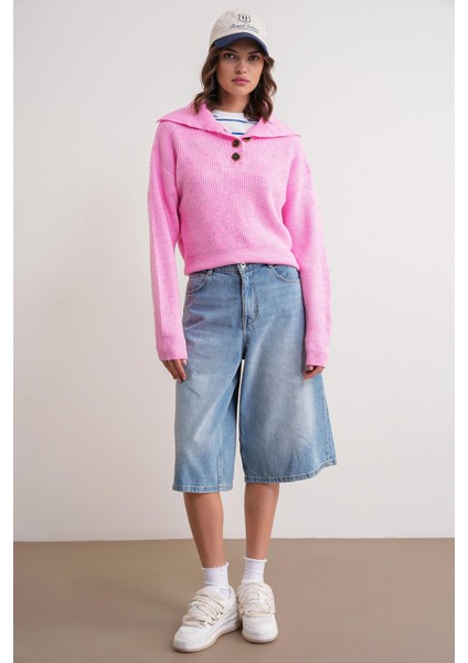 6900 Kadın Düğmeli Devrik Yaka Triko Kazak Pembe fiyatları