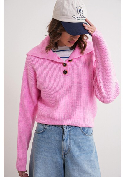 6900 Kadın Düğmeli Devrik Yaka Triko Kazak Pembe modelleri