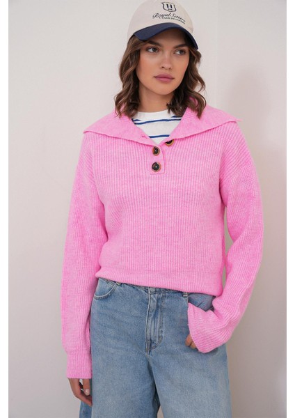 6900 Kadın Düğmeli Devrik Yaka Triko Kazak Pembe fırsatları