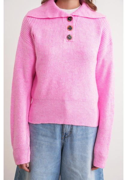 6900 Kadın Düğmeli Devrik Yaka Triko Kazak Pembe indirimleri