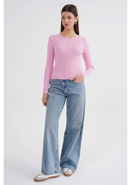 6931 Kadın Düğmeli Fitilli Triko Hırka Pembe fiyatları