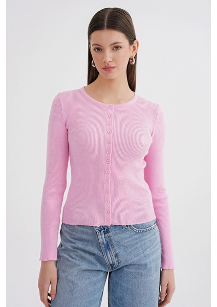 6931 Kadın Düğmeli Fitilli Triko Hırka Pembe modelleri
