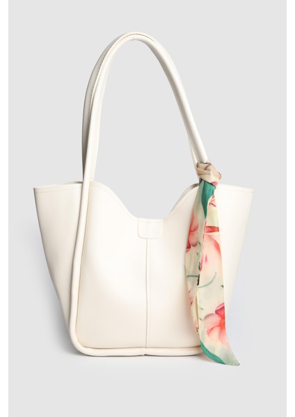 Kadın Golden Fularlı Makyaj Çantalı Omuz Çantası Krem