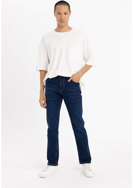Erkek Mavi Sergio-Regular Fit Düz Kesim Boru Paça Basic Düz Pamuklu Kot Pantolon B8550AXNS