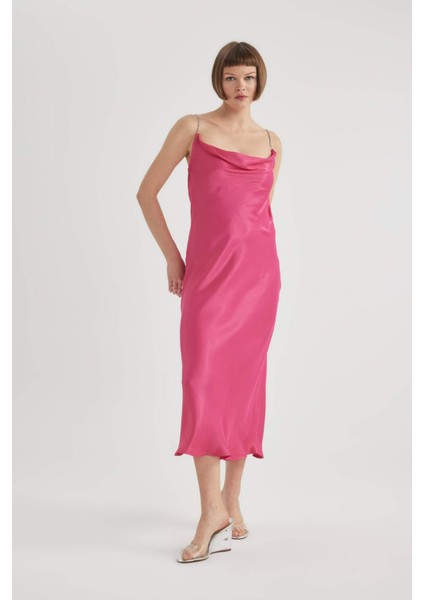 Bodycon Bisiklet Yaka Kısa Kollu Saten Midi Elbise B7674AX23CW