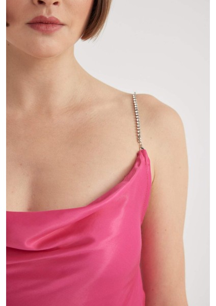 Bodycon Bisiklet Yaka Kısa Kollu Saten Midi Elbise B7674AX23CW