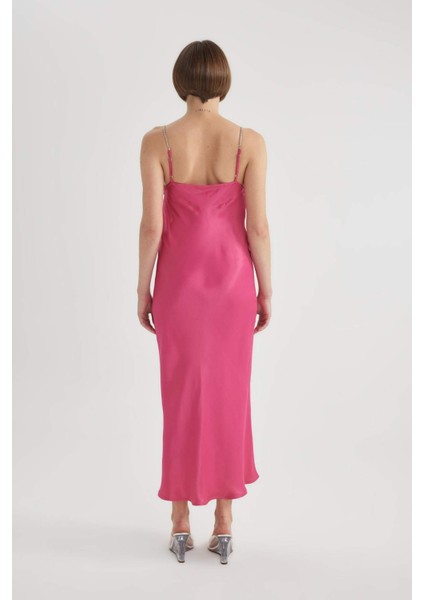 Bodycon Bisiklet Yaka Kısa Kollu Saten Midi Elbise B7674AX23CW