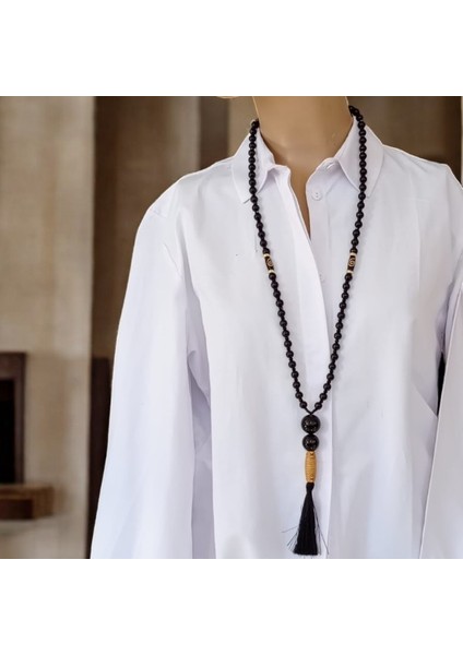Gotik Tarz Siyah Oniks Doğal Taş & Ipek Püsküllü Uzun Kolye
