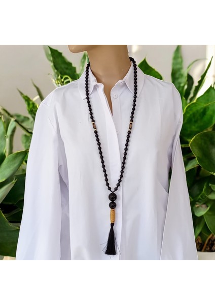 Gotik Tarz Siyah Oniks Doğal Taş & Ipek Püsküllü Uzun Kolye fırsatları