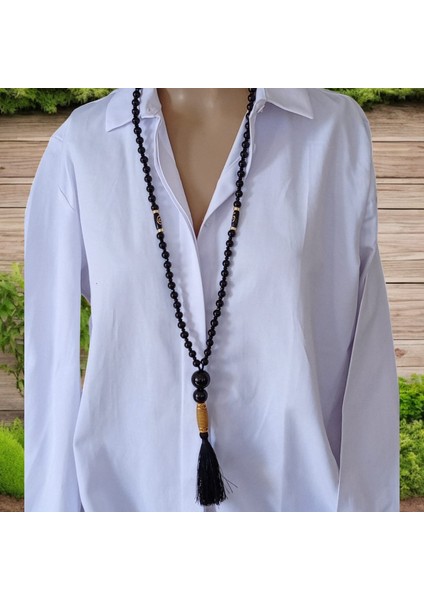 Gotik Tarz Siyah Oniks Doğal Taş & Ipek Püsküllü Uzun Kolye indirimleri