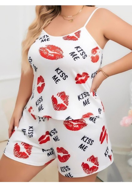 Bicomi Büyük Beden Kiss Me Öpücük Desen Pamuklu Şortlu Pijama Takımı fiyatları