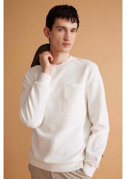 %100 Pamuk Regular Fit Bisiklet Yaka Dokulu Cepli Sweatshirt B6497AX24SP