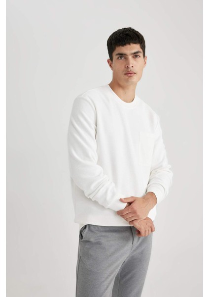 %100 Pamuk Regular Fit Bisiklet Yaka Dokulu Cepli Sweatshirt B6497AX24SP