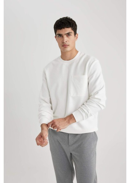 %100 Pamuk Regular Fit Bisiklet Yaka Dokulu Cepli Sweatshirt B6497AX24SP