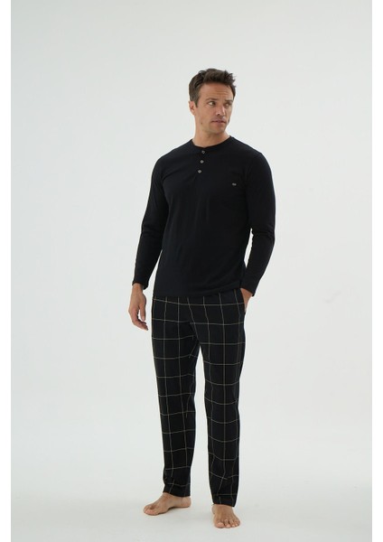 Erkek Uzun Kol Çizgili Alt Düğmeli Yaka Siyah Pijama Takımı C8T3N69
