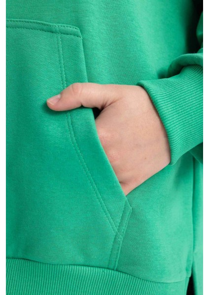 Kadın Yeşil Oversize Fit Geniş Kesim Polo Yaka Düz Basic Pamuklu Sweatshirt B7834AXNS