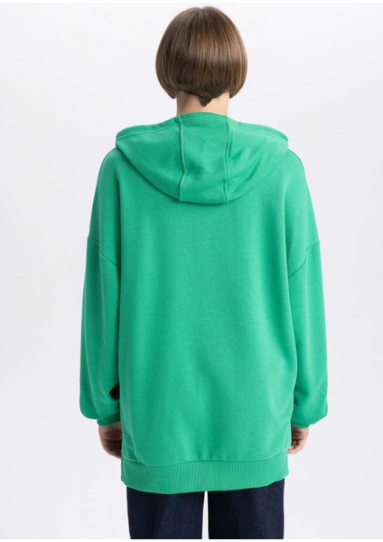 Kadın Yeşil Oversize Fit Geniş Kesim Polo Yaka Düz Basic Pamuklu Sweatshirt B7834AXNS