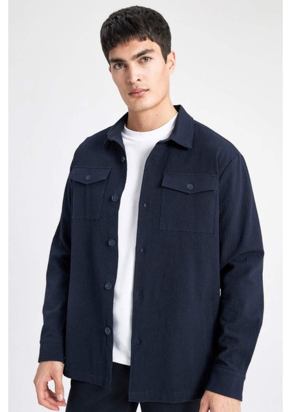 Regular Fit Polo Yaka Gofre Dokulu Gömlek Ceket B6682AX24SP