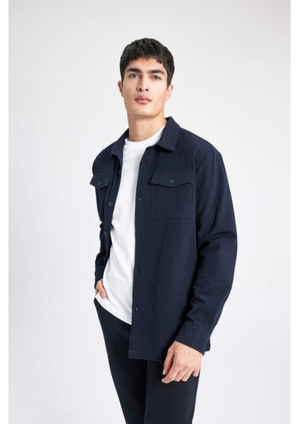 Regular Fit Polo Yaka Gofre Dokulu Gömlek Ceket B6682AX24SP