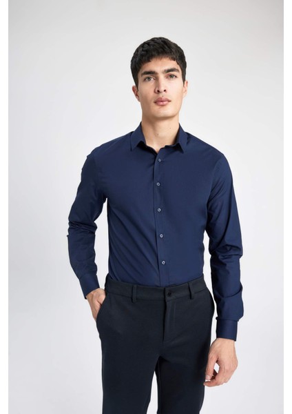 %100 Pamuk Slim Fit Dar Kesim İtalyan Yaka Non Iron Ütü Gerektirmeyen Uzun Kollu Gömlek A7803AX24SP