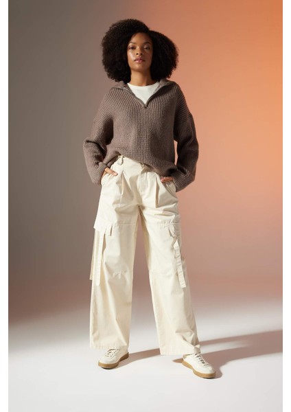 Wide Leg Kargo Cepli Yüksek Bel Standart Boy Gabardin Pantolon B8659AX23CW