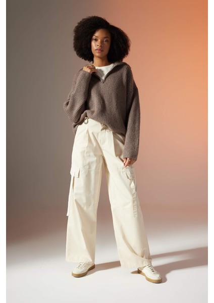 Wide Leg Kargo Cepli Yüksek Bel Standart Boy Gabardin Pantolon B8659AX23CW