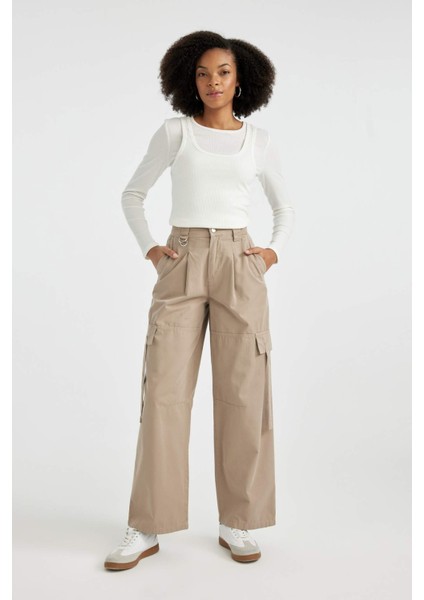 Wide Leg Kargo Cepli Yüksek Bel Standart Boy Gabardin Pantolon B8659AX23CW