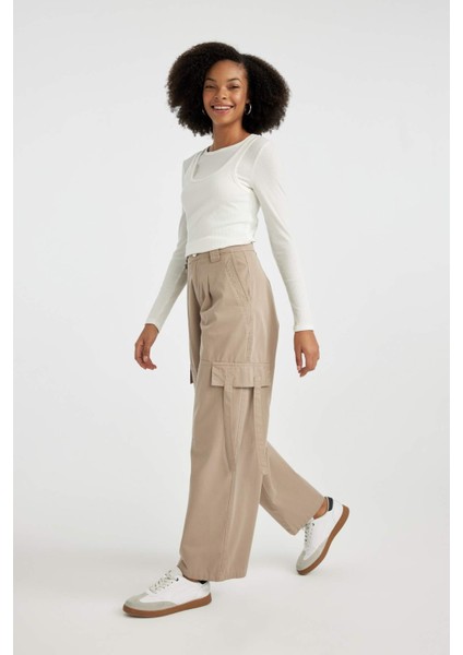 Wide Leg Kargo Cepli Yüksek Bel Standart Boy Gabardin Pantolon B8659AX23CW