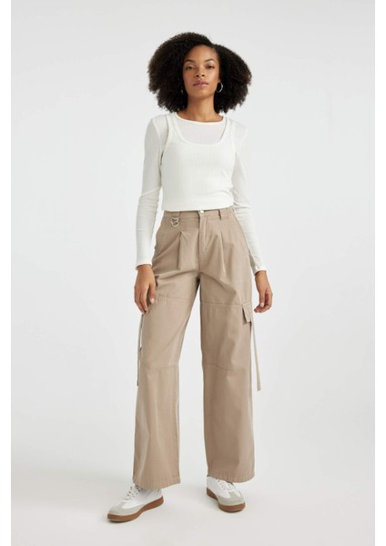 Wide Leg Kargo Cepli Yüksek Bel Standart Boy Gabardin Pantolon B8659AX23CW