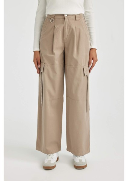 Wide Leg Kargo Cepli Yüksek Bel Standart Boy Gabardin Pantolon B8659AX23CW