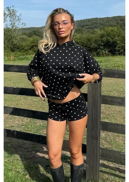 Siyah Puantiyeli Kapüşonlu Kadın Sweatshirt MG2560