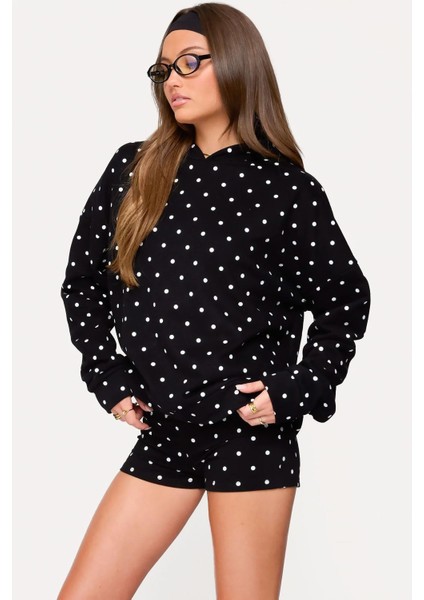 Siyah Puantiyeli Kapüşonlu Kadın Sweatshirt MG2560 fırsatları