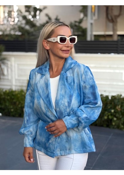 Mavi Beyaz Desenli Balon Kol Ip Bağlama Detaylı Gömlek