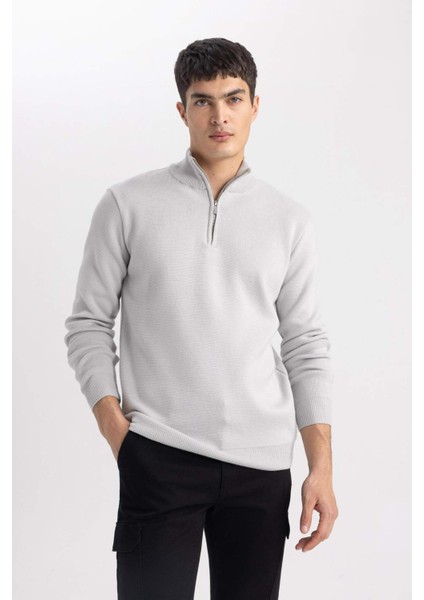 Gri Standart Fit Normal Kesim Dik Yaka Fermuarlı Basic Düz Triko Kazak A5184AX24AU