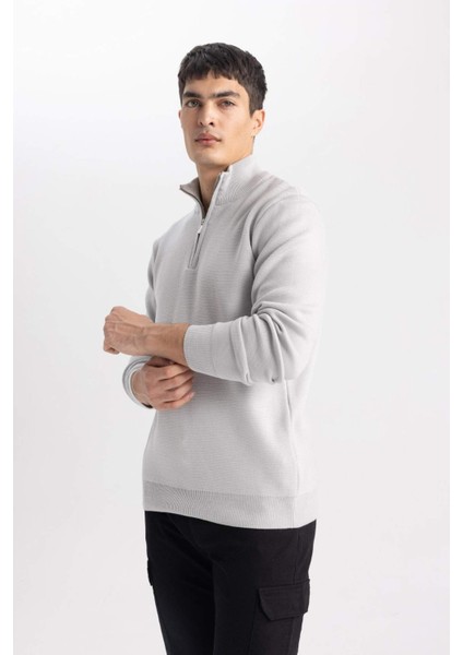 Gri Standart Fit Normal Kesim Dik Yaka Fermuarlı Basic Düz Triko Kazak A5184AX24AU