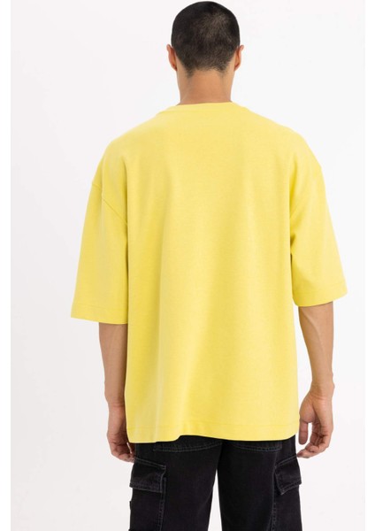 Loose Fit Bisiklet Yaka Cepli Baskılı Kısa Kollu Ağır Kumaş Tişört B8126AX23CW