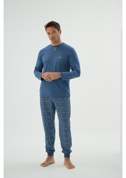 Erkek Uzun Kol Ekose Alt Jogger Paça Indigo Pijama Takımı C6T3N69
