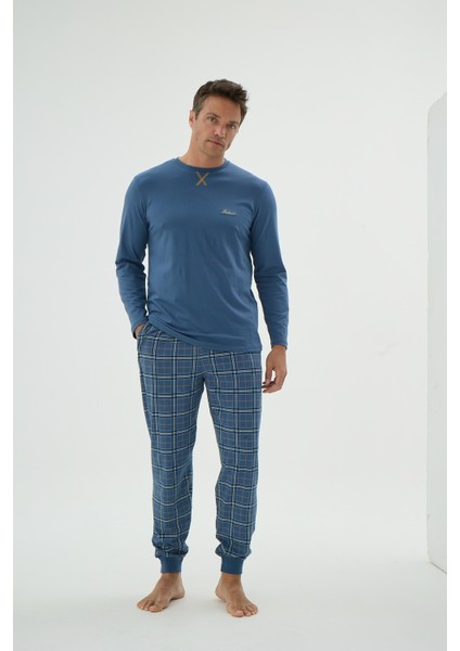 Erkek Uzun Kol Ekose Alt Jogger Paça Indigo Pijama Takımı C6T3N69 fiyatları