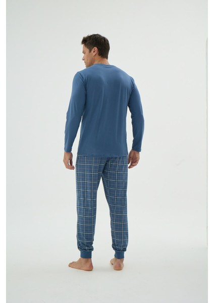 Erkek Uzun Kol Ekose Alt Jogger Paça Indigo Pijama Takımı C6T3N69 fırsatları
