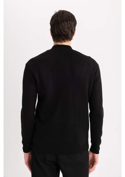 Siyah Standart Fit Normal Kesim Dik Yaka Fermuarlı Basic Düz Triko Kazak A5184AX24AU